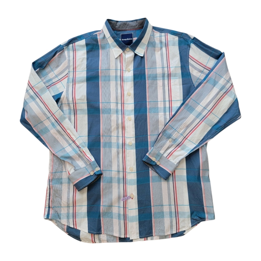 Tommy Bahama Blue Plaid Button Down Long Sleeve‎ Cotton Silk Blend Shirt XL
